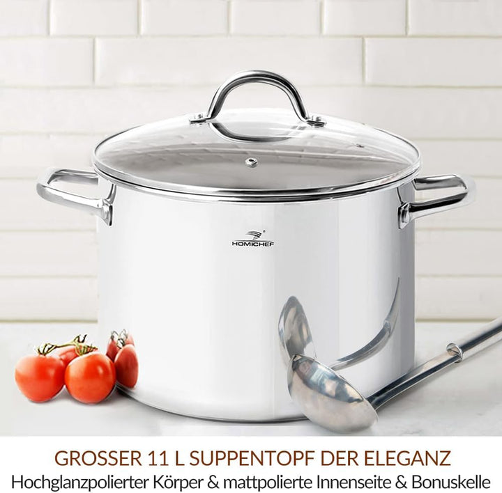 HOMICHEF Grosser Suppentopf mit Deckel aus nickelfreiem Edelstahl (29 cm, 11 Liter) – Hochglanzpolie
