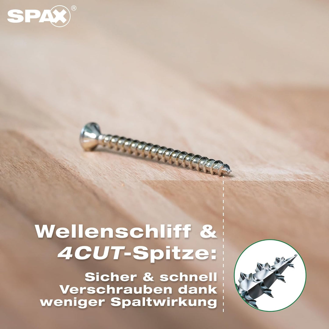 SPAX Universalschraube, 6 x 100 mm, 90 Stück, Teilgewinde, Senkkopf, T-STAR plus T30, 4CUT, WIROX A9