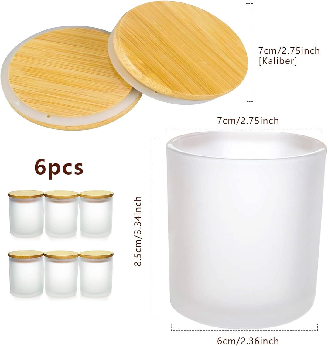 6er-Pack Kerzengläser mit Bambusdeckel (200ml) - 3mm Dickwandiges & Hitzebeständiges Glas - Elegante