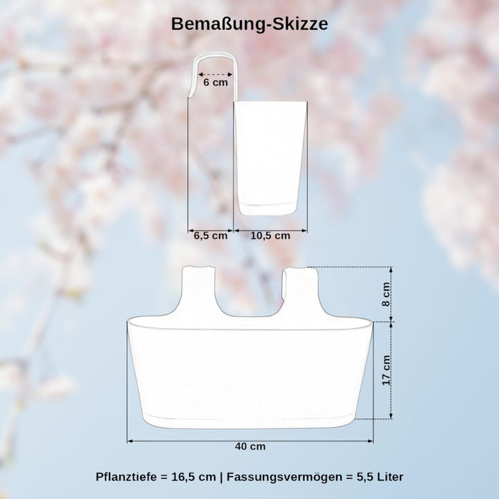 Gariella 3X Blumenkasten oval Balkon Übertopf Pflanzkasten Blumentopf zum Hängen mit Wasserspeicher
