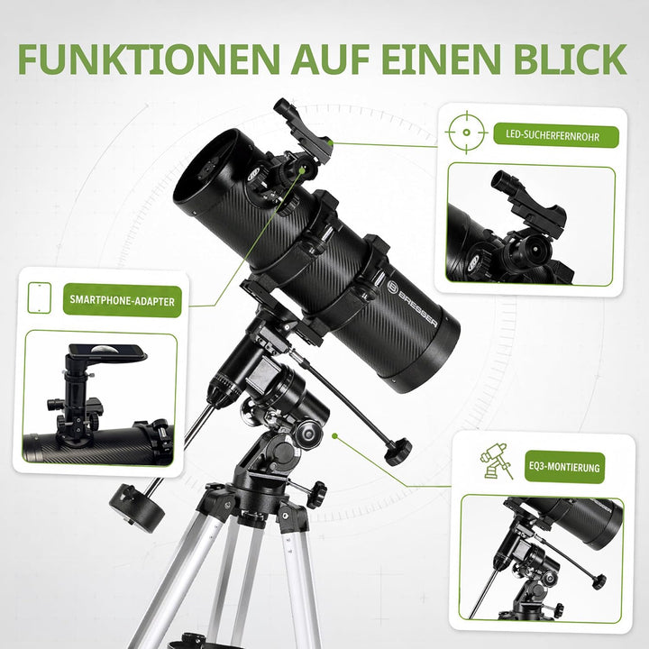 Bresser Spiegelteleskop Pluto EQ 114/500 für Jung und Alt mit Smartphone Kamera Adapter inklusive St