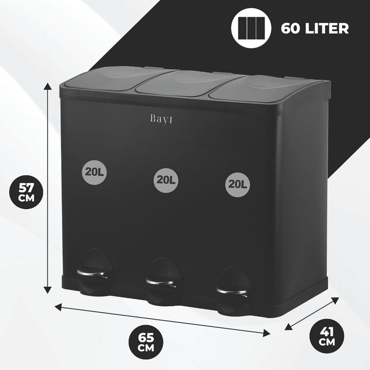Bayt Mülleimer 60L (3x20L) – Mülltrennsystem 3 Fächer für die Küche – XXL Treteimer aus Edelstahl (R