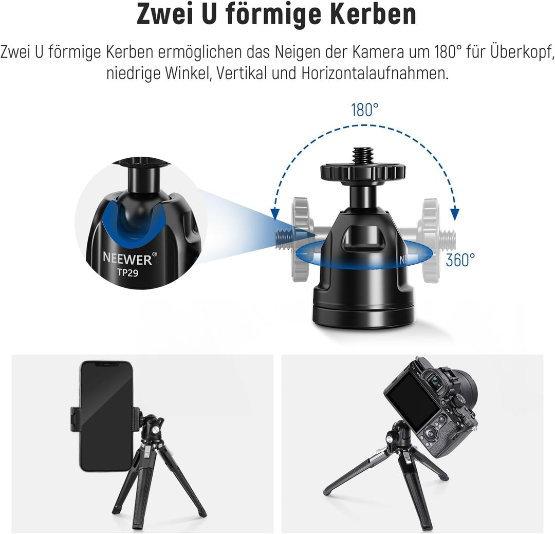 NEEWER Mini Tischstativ aus Metall mit 360° Kugelkopf, unterstützt vertikale Aufnahme und Handgriff,