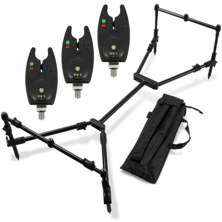 G8DS® Set Rod Pod Rutenhalter mit 3 Bank Sticks + Tragetasche inklusive 3 Bissanzeiger mit Lautstärk