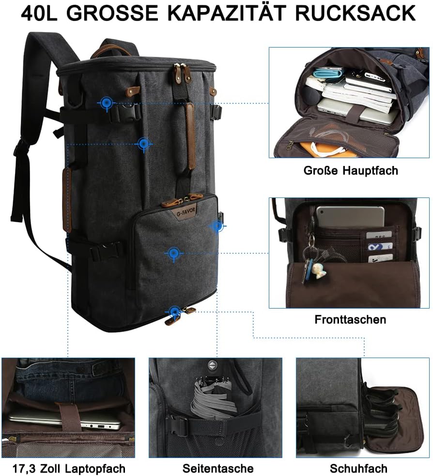 G-FAVOR Rucksack Herren gross, 40L Reiserucksack Handgepäck Rucksack Canvas Travel Backpack für 15,6