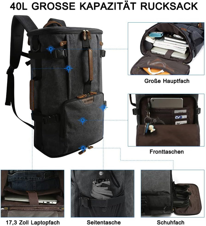 G-FAVOR Rucksack Herren gross, 40L Reiserucksack Handgepäck Rucksack Canvas Travel Backpack für 15,6
