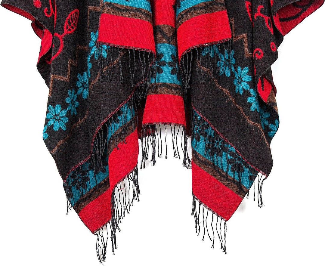 Poncho im Retro-Stil, Vintage-Muster, Quaste, Umhang für Damen Schwarz, Schwarz