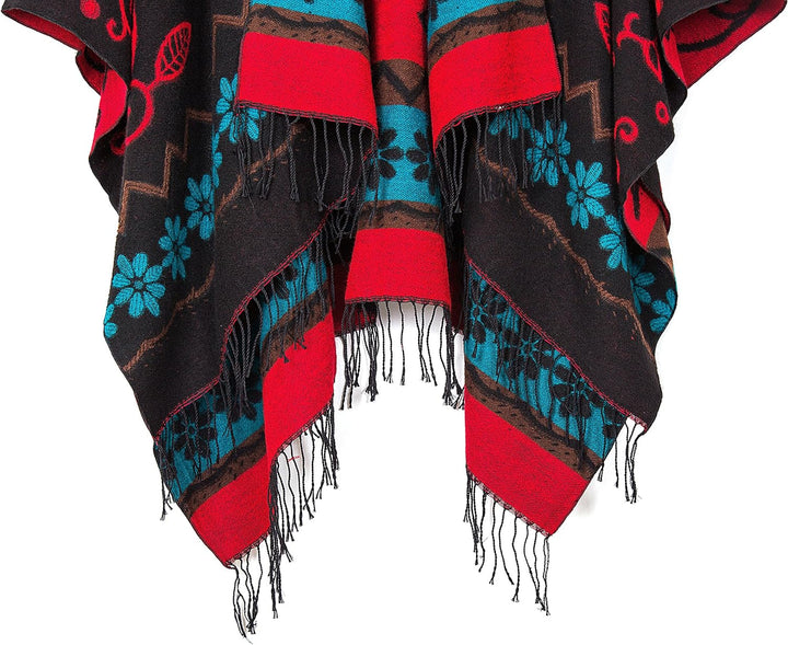 Poncho im Retro-Stil, Vintage-Muster, Quaste, Umhang für Damen Schwarz, Schwarz