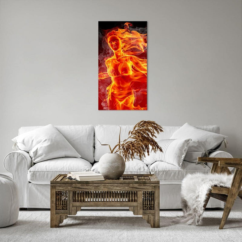 Bilder auf Leinwand 55x100cm Leinwandbild mit Rahmen Frau Flammen Illustration Gross Wanddeko Bild S