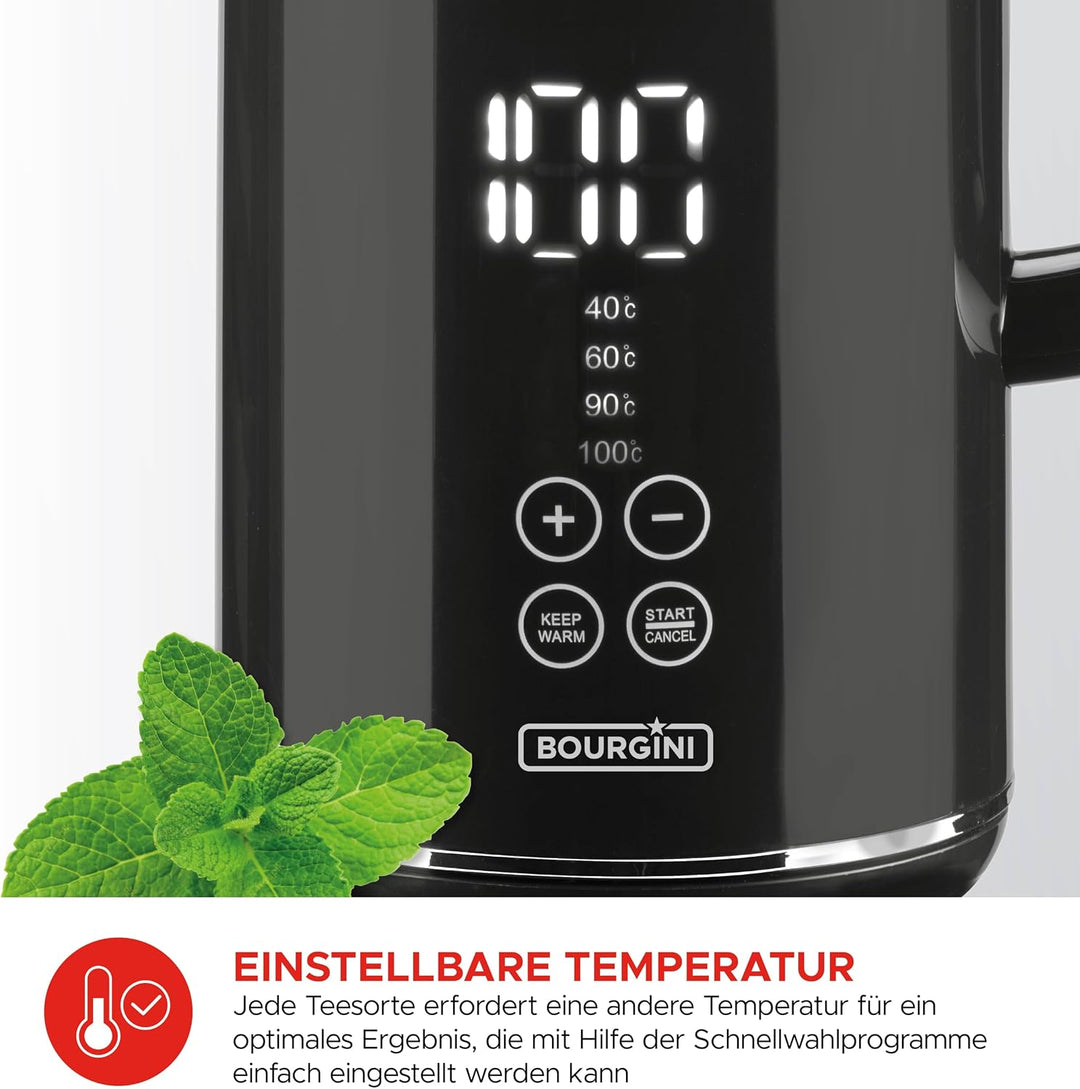 Bourgini Cool Touch - Digitaler wasserkocher Schwarz - wasserkocher mit temperatureinstellung - 1,7