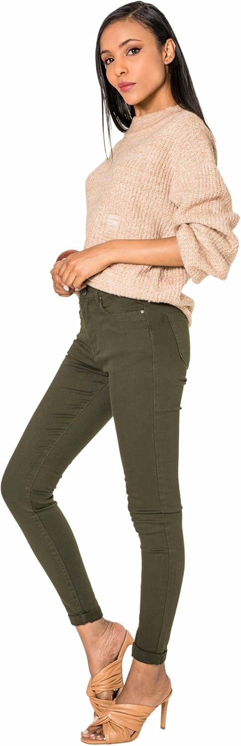 Nina Carter P109 Damen Skinny Fit Jeans High Waist Slim Hose Figurbetonte Stretch Jeanshose S Khaki