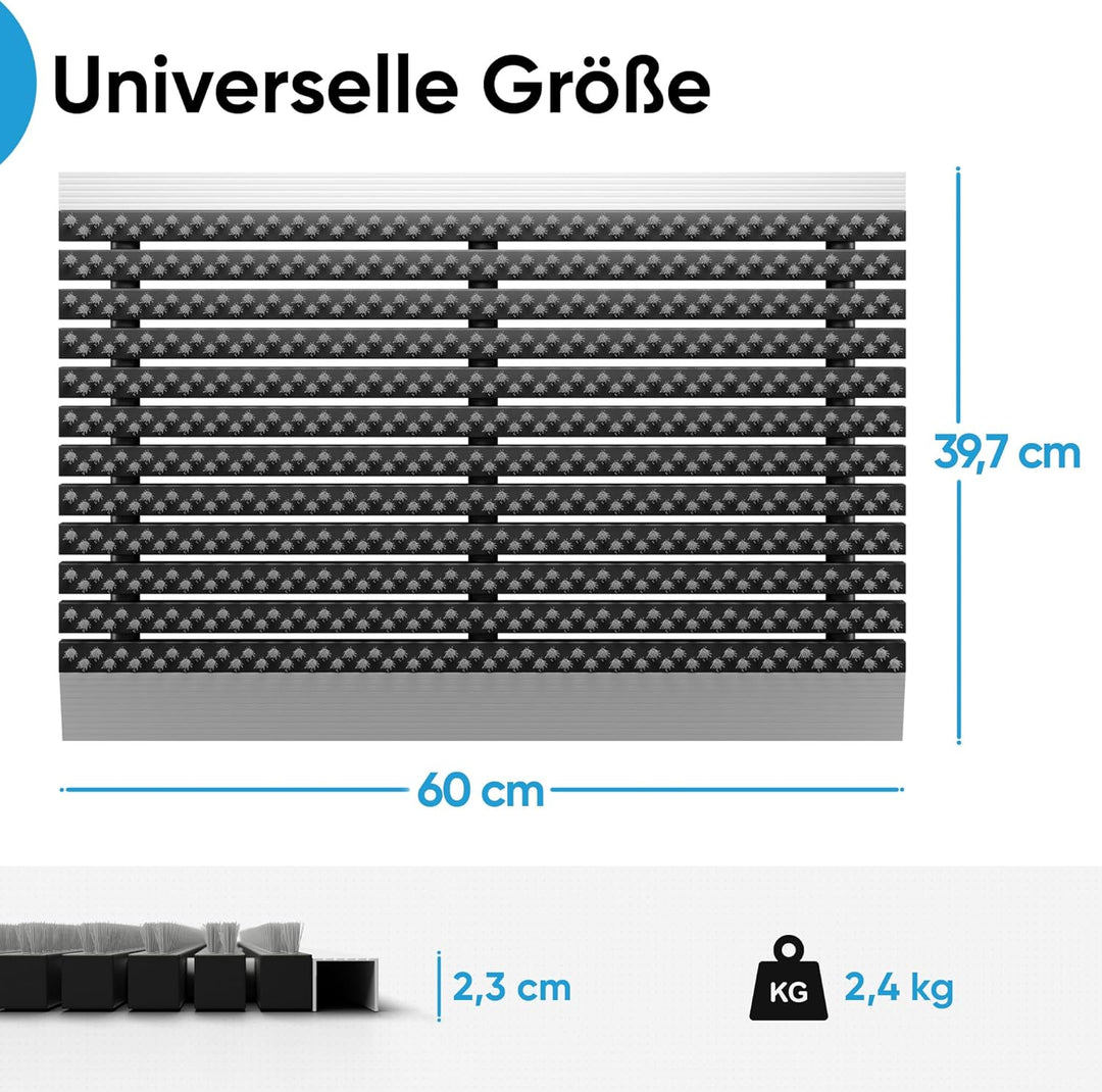 Fussmatte aussen alu mit Bürsten grau, Schmutzfangmatte 40 x 60 cm, Fussmatte Aussenbereich, Alumini