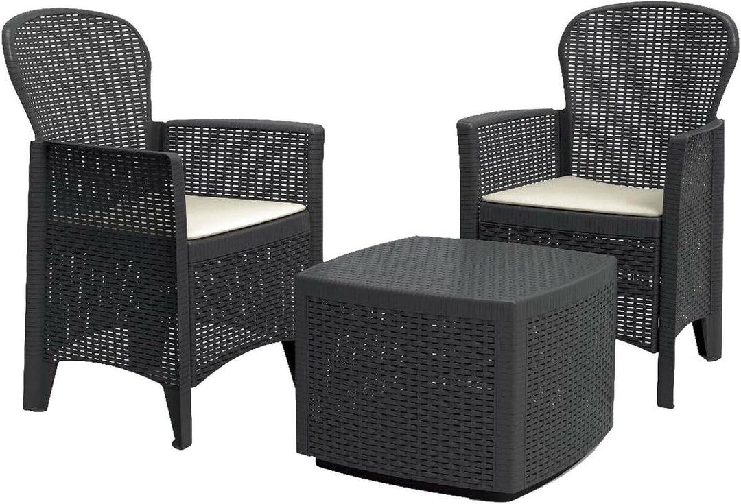 Dmora Gartenset mit Kissen, 2 Sesseln und 1 Outdoor-Container-Tisch, Made in Italy, Farbe Anthrazit