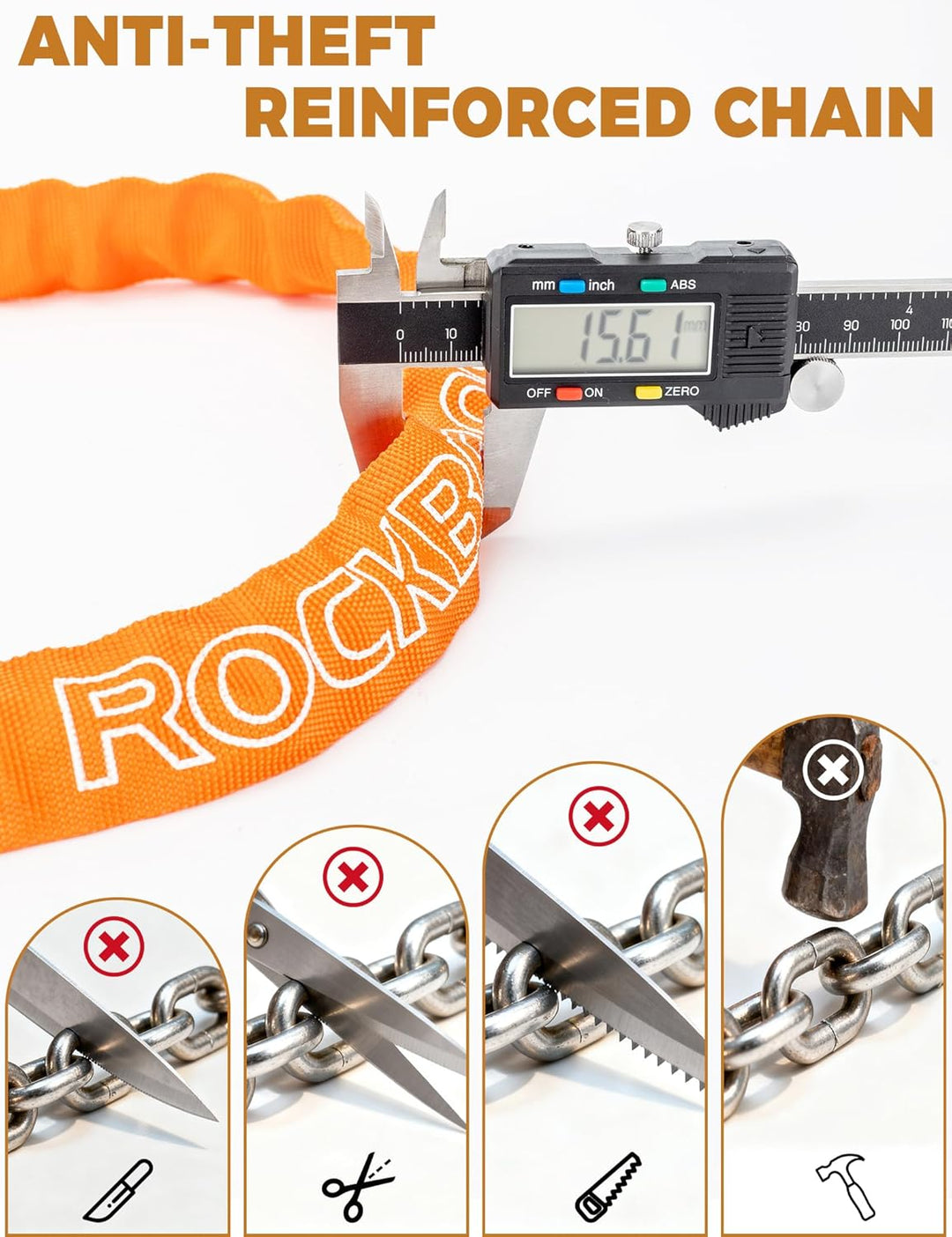 ROCKBROS Fahrrad Kettenschloss 95 cm – Leichtes &amp; Robustes Fahrradschloss aus Stahllegierung, 6 mm K