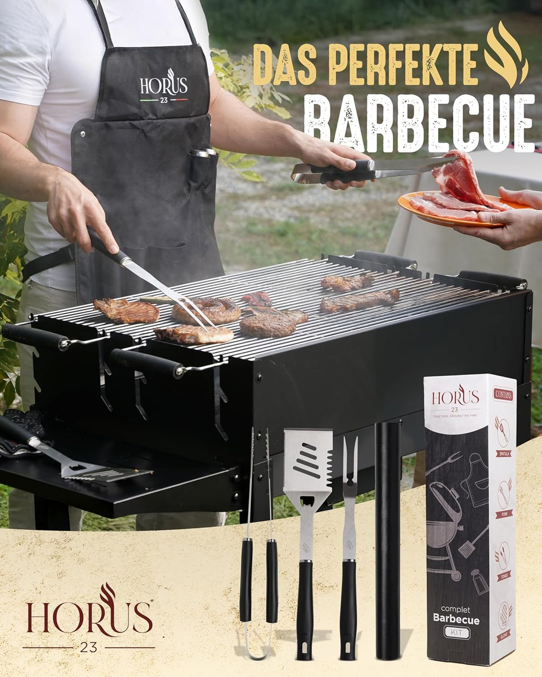 Grill Set mit Grill Zubehör aus Edelstahl, Oxford-Schürze, Hitzeschutzhandschuh und Grillmatte - Ges