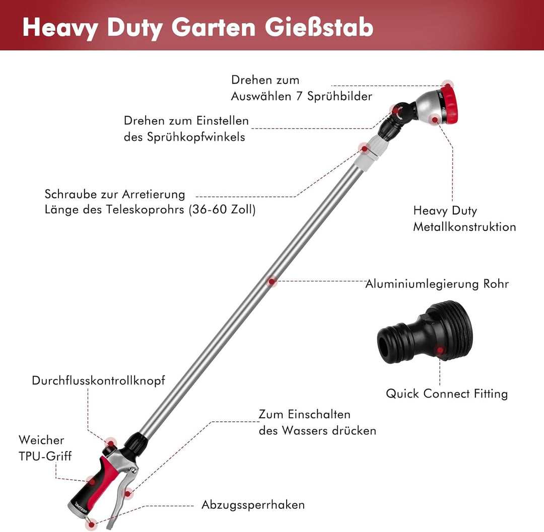 RESTMO Langer Teleskop Giessstab 92-152 cm, Lang Gartenbrause Metall mit 180° schwenkbaren Kopf, 7 S