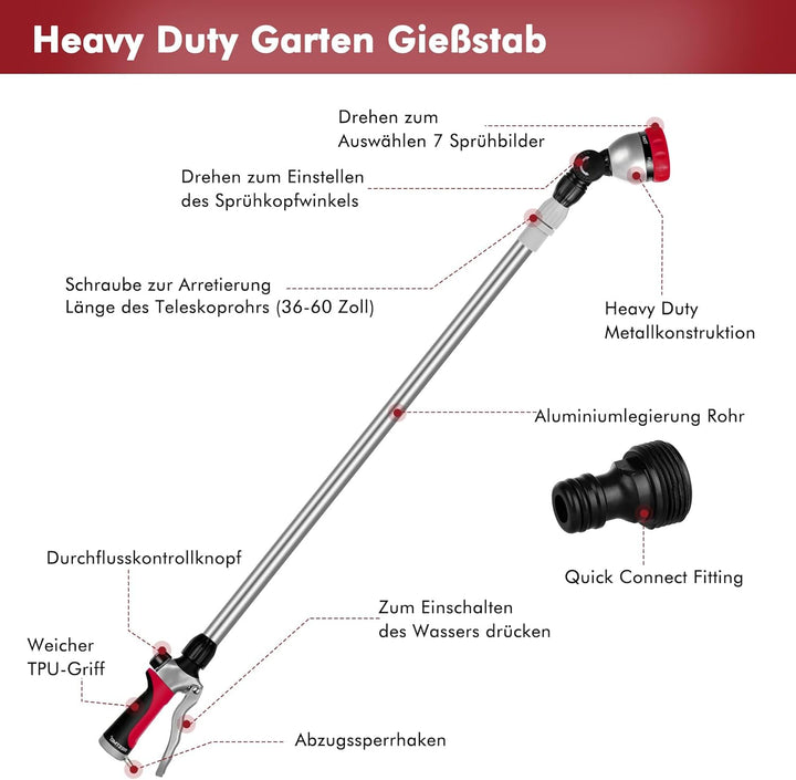 RESTMO Langer Teleskop Giessstab 92-152 cm, Lang Gartenbrause Metall mit 180° schwenkbaren Kopf, 7 S