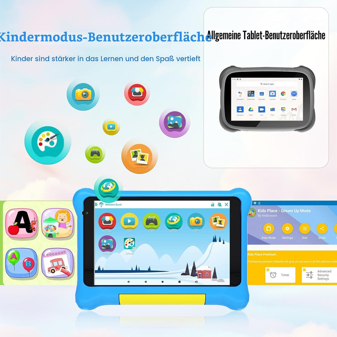 Laptok Kinder Tablet 7 Zoll, Android Tablet für Kinder, 5GB RAM+32GB ROM+128GB Erweiterbar, Wi-Fi, B