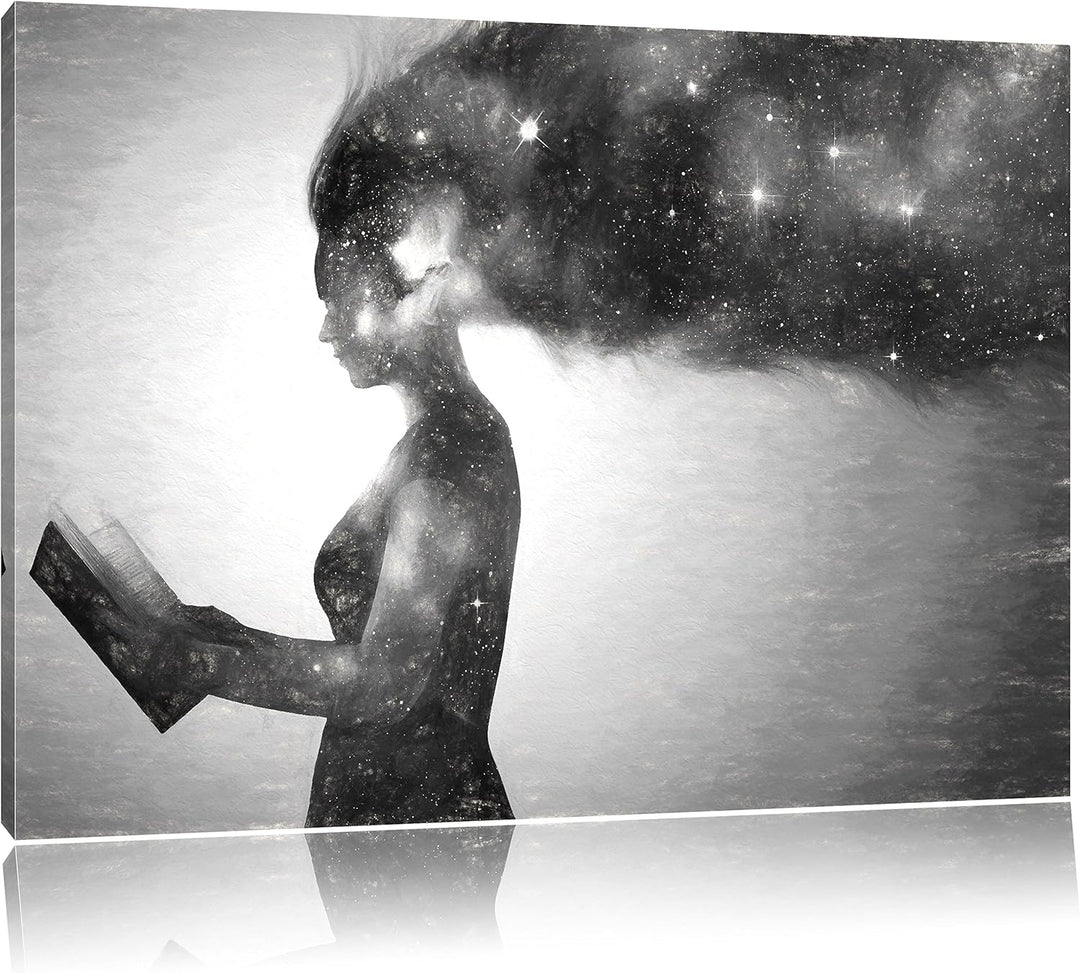 Pixxprint abstrakte Frau mit Buch Kunst Kohle Effekt, Format: 100x70 auf Leinwand, XXL riesige Bilde