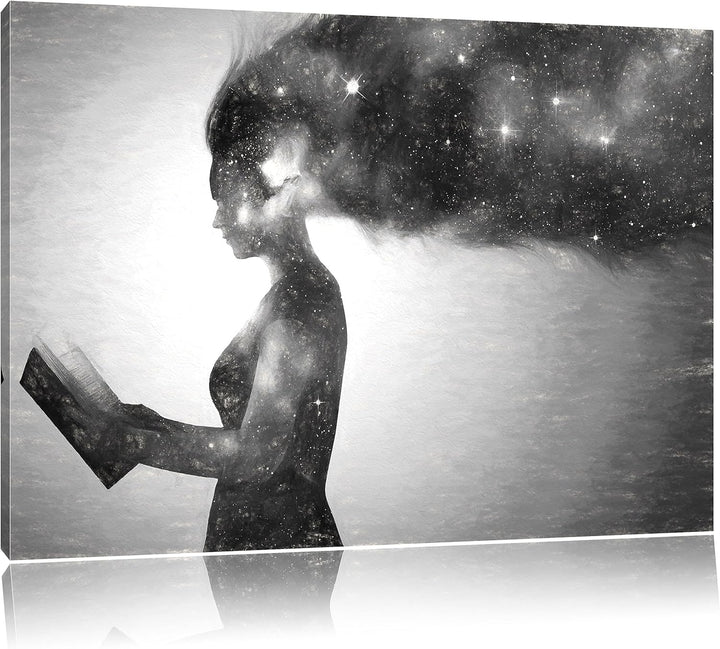 Pixxprint abstrakte Frau mit Buch Kunst Kohle Effekt, Format: 100x70 auf Leinwand, XXL riesige Bilde