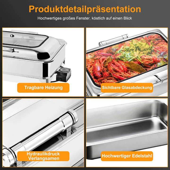 Chafing Dish Elektrisch 9L, Catering Warmhaltebehälter Edelstahl, Rechteckiger Chafing Dish Set Spei