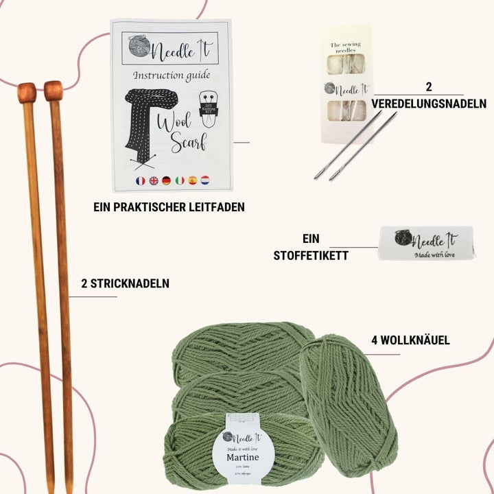 Needle It® - Komplettes Strickset für Anfänger mit Stricknadeln - Strickschal aus Wolle - Geschenkid