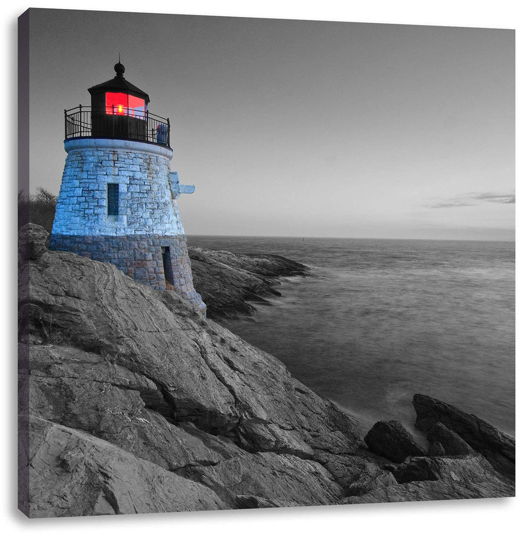 Pixxprint winziger Leuchtturm auf Felsen schwarz/weiss, Format: 70x70 auf Leinwand, 70x70