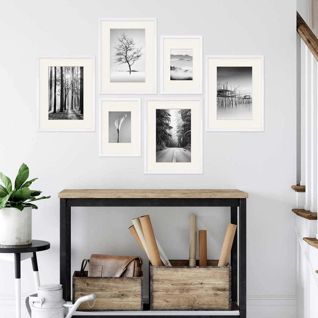 PHOTOLINI weisse Bilderrahmen Set verschiedene Grössen, 6 MDF Holz Bilderrahmen mit Passepartout, Bi