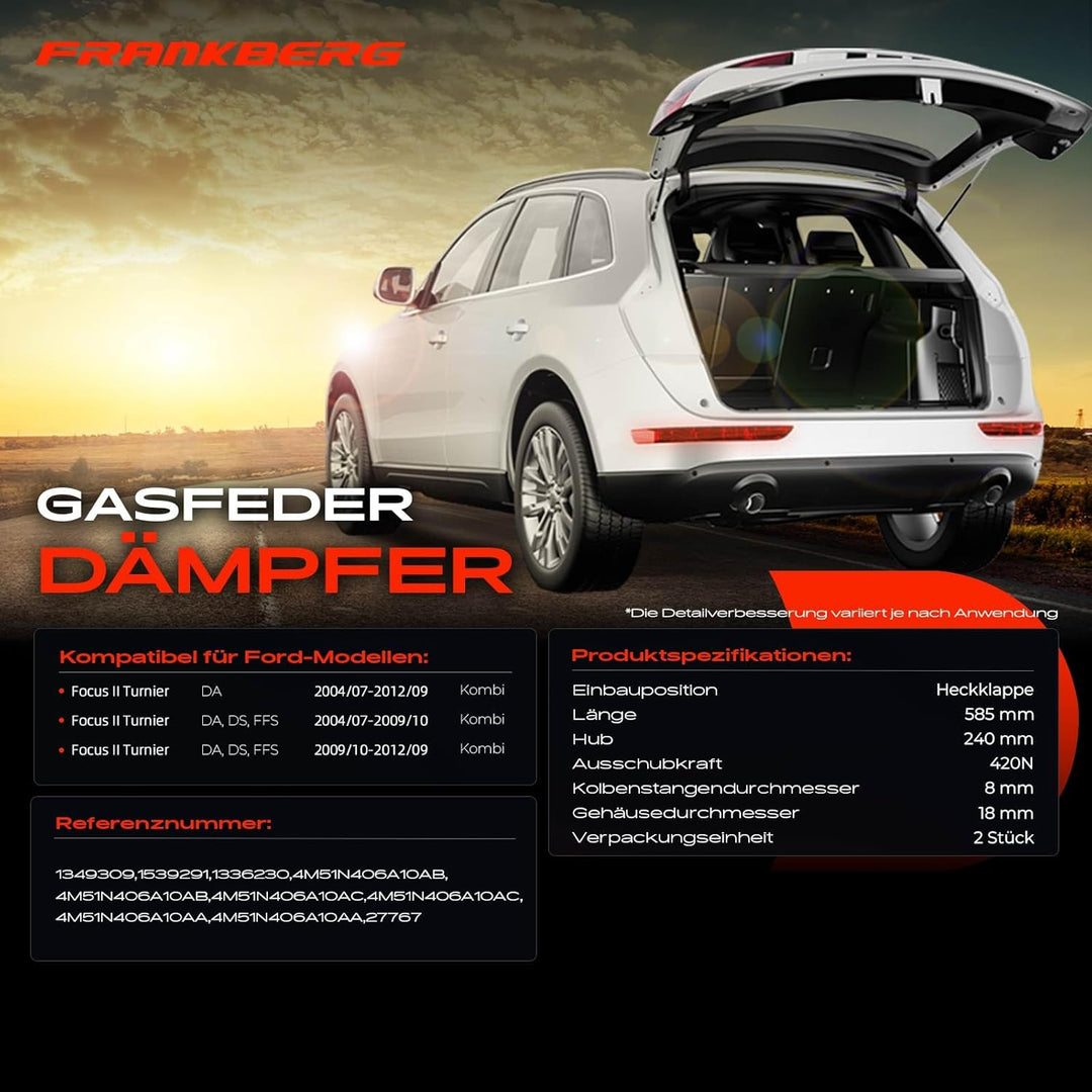 Frankberg 2x Gasfeder Dämpfer Heckklappe Kompatibel mit Focus II Turnier DA DS FFS 1.4L-2.0L Kombi 2