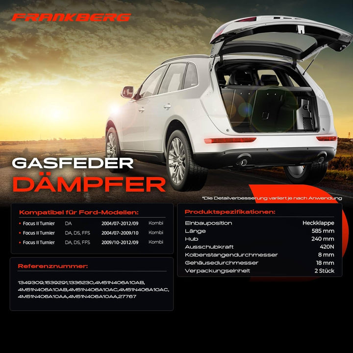 Frankberg 2x Gasfeder Dämpfer Heckklappe Kompatibel mit Focus II Turnier DA DS FFS 1.4L-2.0L Kombi 2