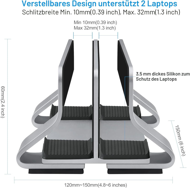 Psitek Einstellbar Aluminium Dual Laptop Ständer Vertikal Dockhalter, Unterstützt 2 Geräte, Verstell
