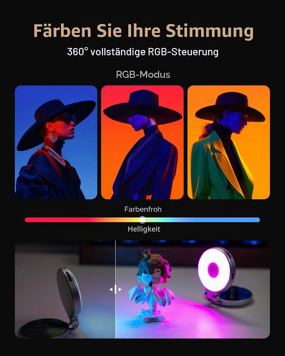 TELESIN 4-in-1 Magnetisches RGB Selfie-Ringlicht mit Spiegel & Handyhalter | 2500–7000K LED Licht, 3