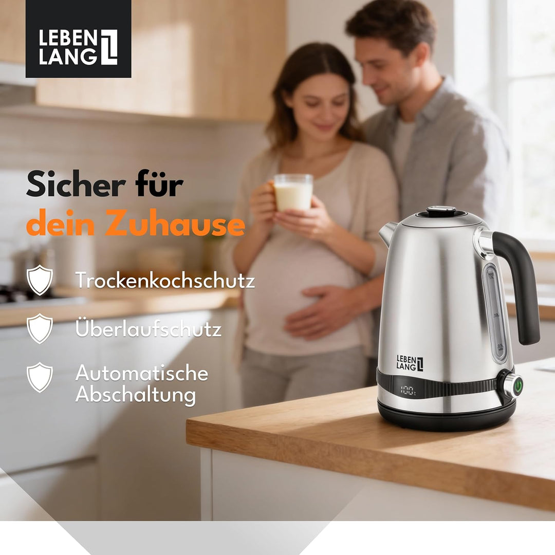 LEBENLANG Wasserkocher Edelstahl Temperatureinstellung – Leise, Temperaturanzeige & Warmhaltefunktio