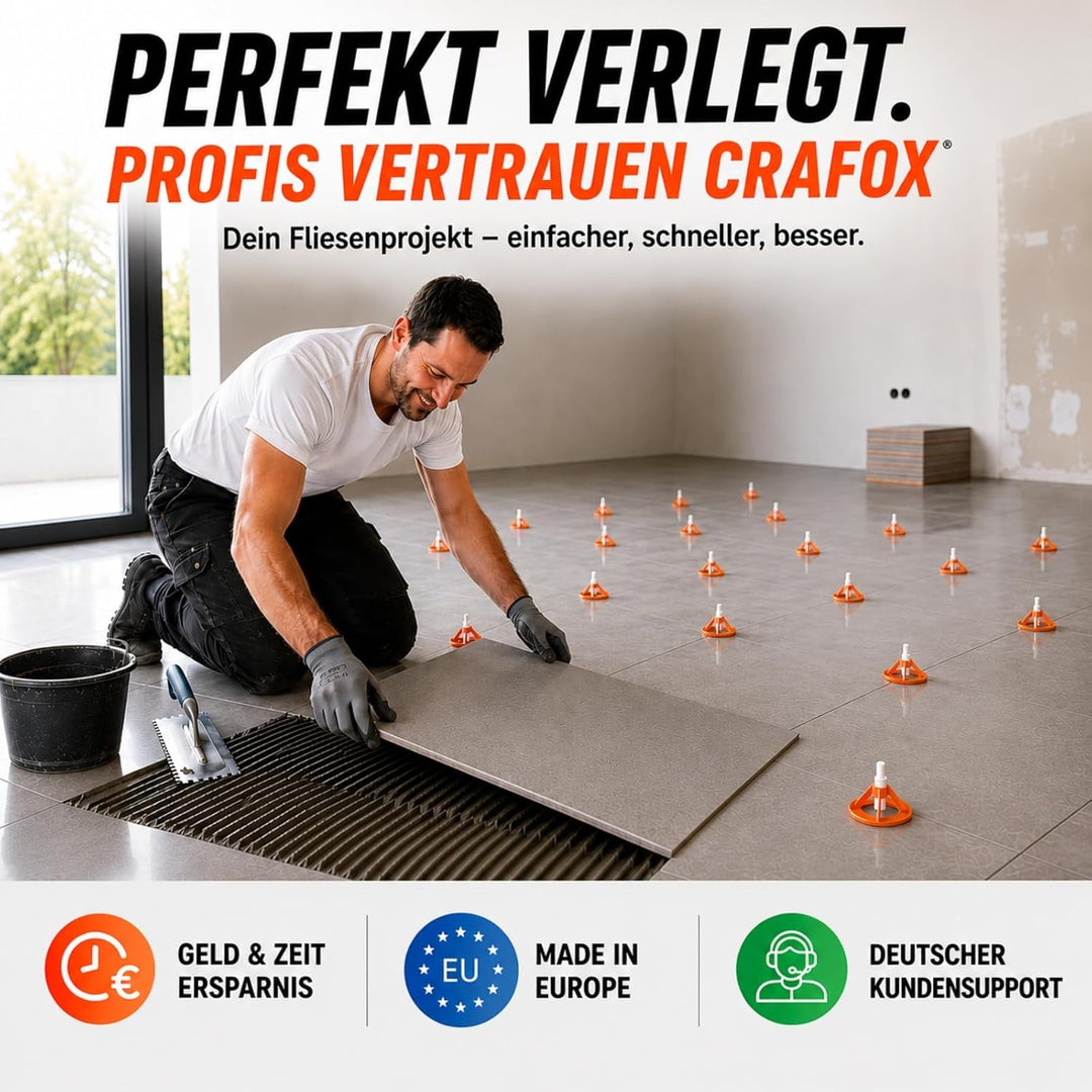 CRAFOX® Fliesen Nivelliersystem 1mm SET | 250 tlg | Fliesenleger Set 100x Gewindelaschen & 100x Zugh