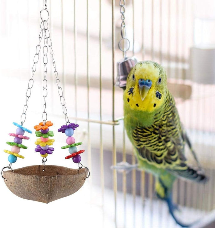 Papagei Nest,Natürlich Kokosnuss schalen Nest Acryl Schaukel Hängematte Spielzeug füttern Anlage für