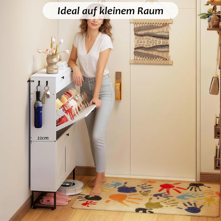 4 Ebenen Schuhschrank mit 2 Klappen und 2 Schubladen, Schmaler Schrank mit anpassbarem Fach und Umki