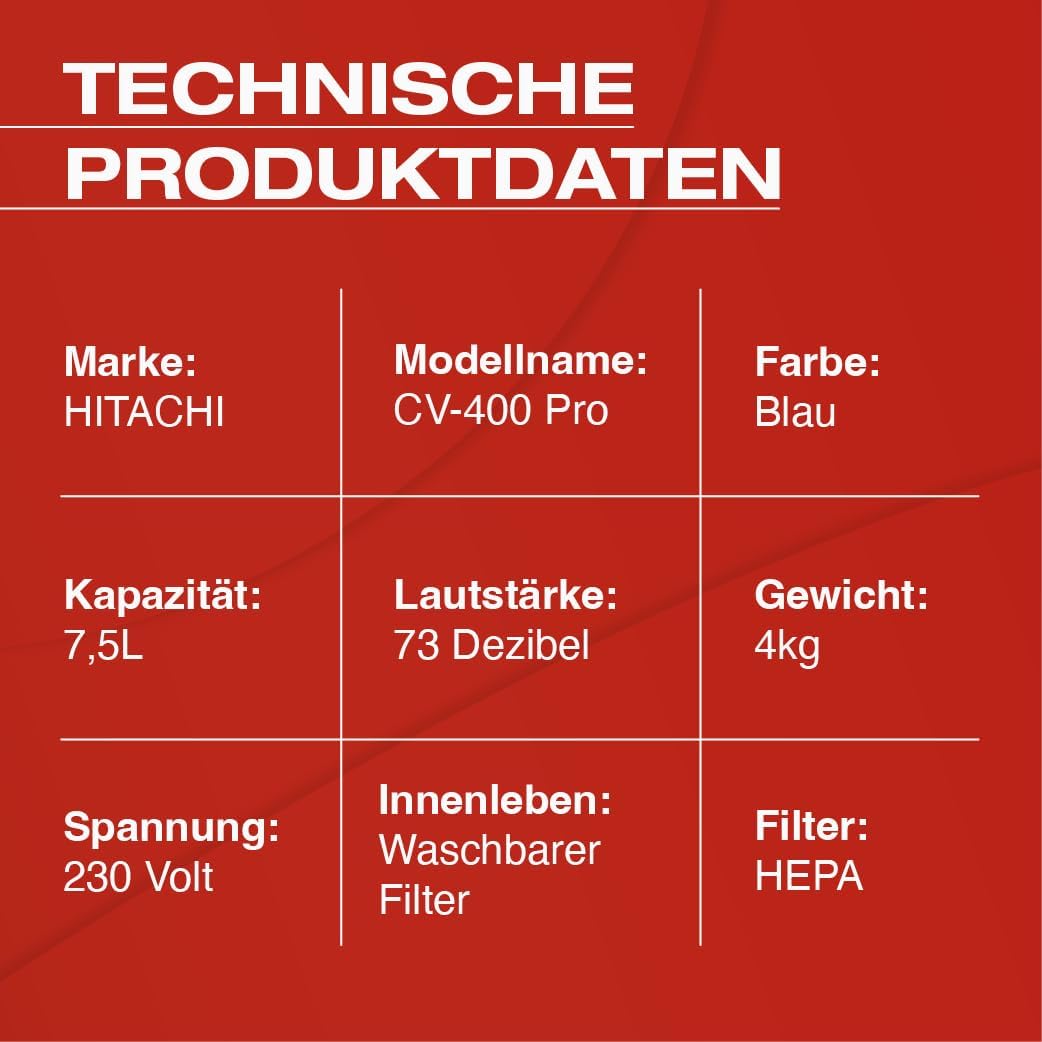 HITACHI Staubsauger CV-400 PRO mit HEPA Filter 7,5L, Beutellos - Profi Bodenstaubsauger 880W, leise