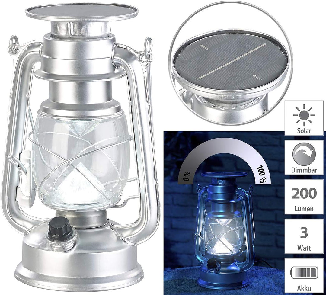 Lunartec Sturmlaterne Solar: Dimmbare High-Power Solar-LED-Sturmlampe, 200 lm, 3 W, silbern (Solar L