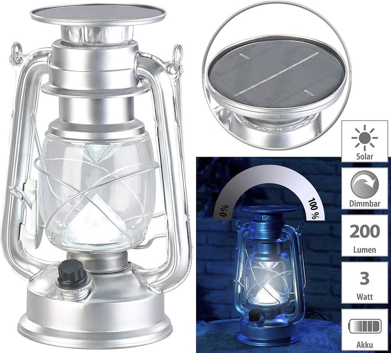 Lunartec Sturmlaterne Solar: Dimmbare High-Power Solar-LED-Sturmlampe, 200 lm, 3 W, silbern (Solar L