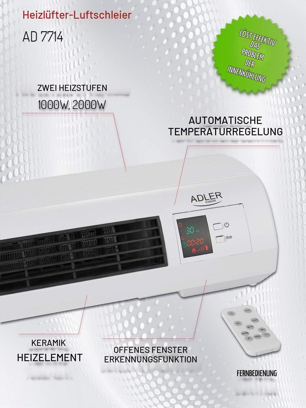 CAMRY AD 7714 Adler Keramik-Wandheizlüfter, Sensor für Offenes Fenster, Wochenzeitschaltuhr, Digital