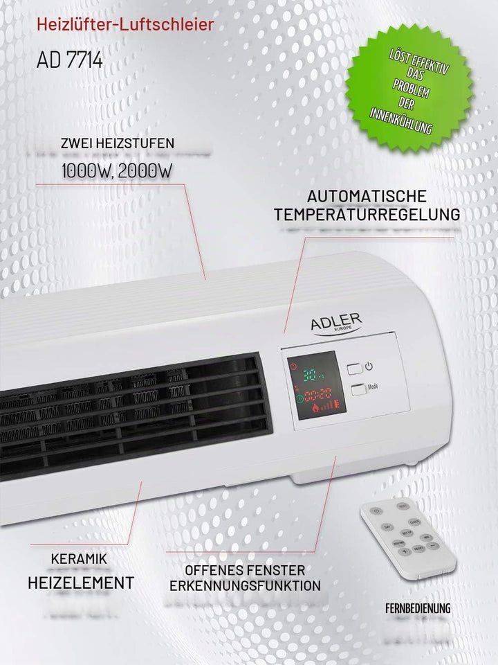 CAMRY AD 7714 Adler Keramik-Wandheizlüfter, Sensor für Offenes Fenster, Wochenzeitschaltuhr, Digital