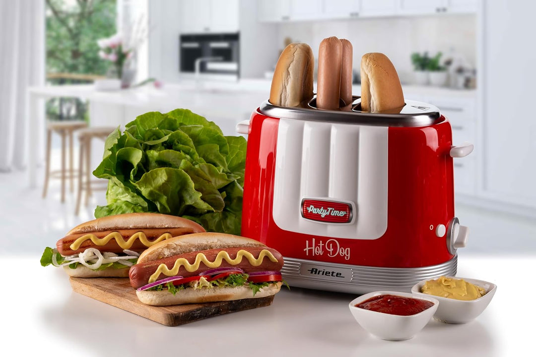 Ariete Hot Dog Maker Party Time 206, Hot Dog-Maschine mit 4 Garräumen, 5 Garstufen, Automatischer Au
