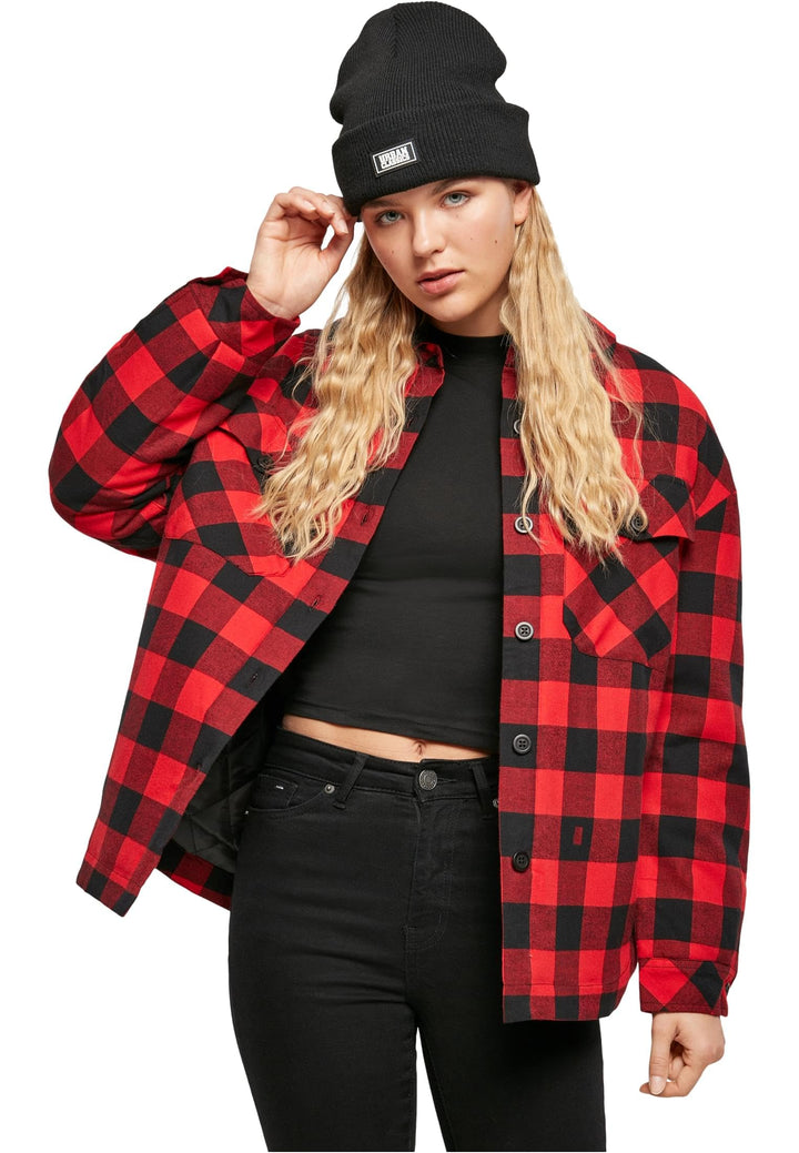 Urban Classics Damen Jacke Ladies Flanell Padded Overshirt, Frauen Hemdjacke in Holzfäller Karo, erh