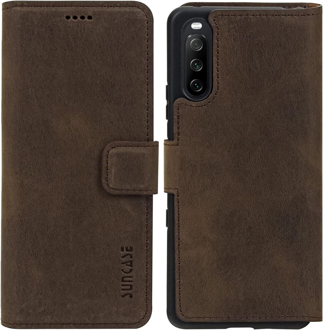 Suncase Book-Style Hülle kompatibel mit Sony Xperia 10 IV (2022) Leder Tasche (Slim-Fit) Lederhülle