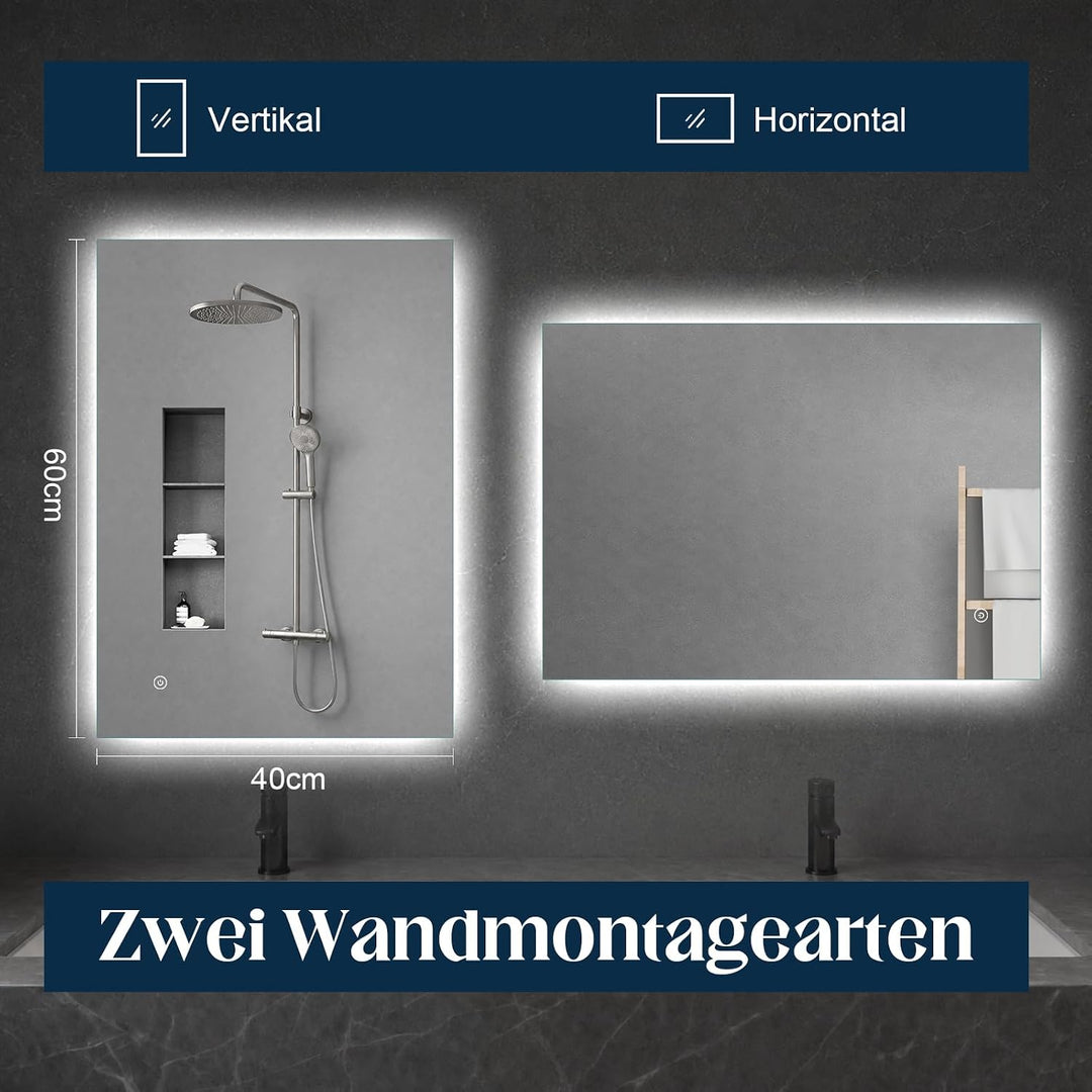 Spiegel-mit-Beleuchtung 40x60cm - Badezimmerspiegel Badspiegel-mit-Beleuchtung, Touch Schalter, 3 Li