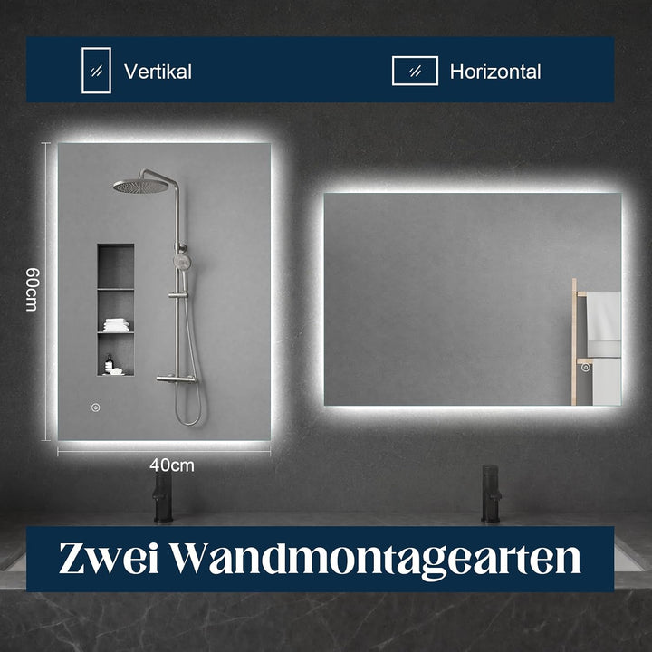 Spiegel-mit-Beleuchtung 40x60cm - Badezimmerspiegel Badspiegel-mit-Beleuchtung, Touch Schalter, 3 Li