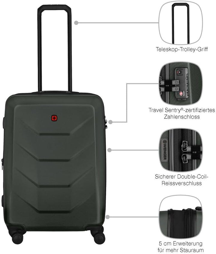 WENGER Prymo Medium Hartschalenkoffer mit 4 Rollen, Trolley, Mittelgross, 59 (67) l, Sicherheitsschl