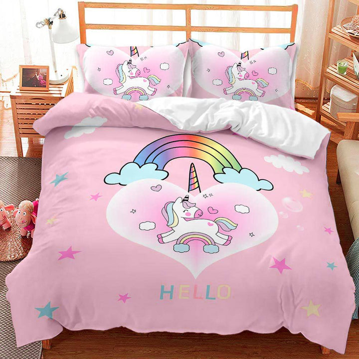 AOXHFNV Rosa Einhorn Bettbezug,Schöner Regenbogen weisse Wolke Einhorn Mädchen Kinder Bettwäsche 135