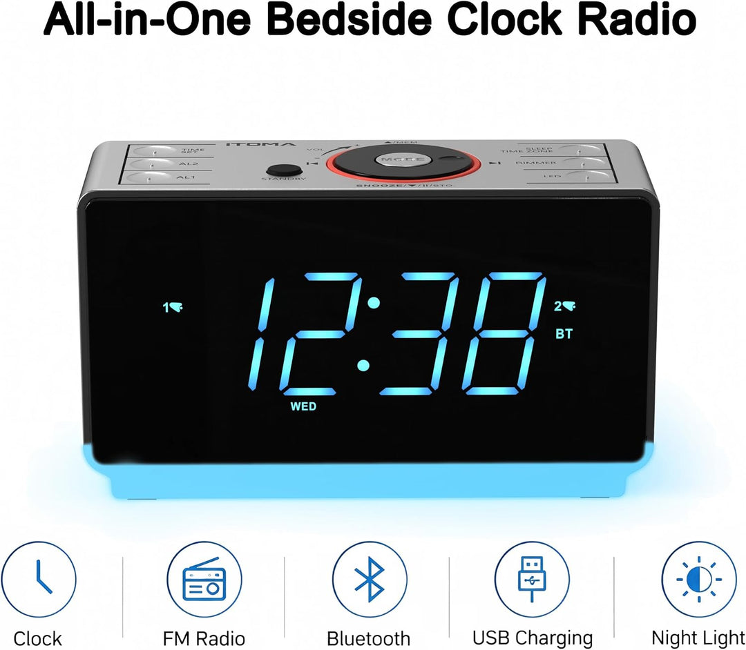 Radioweaker mit Bluetooth Lautsprecher, FM Radio, Dual Wecker mit Snooze, grosse LED Anzeige, Dimmer