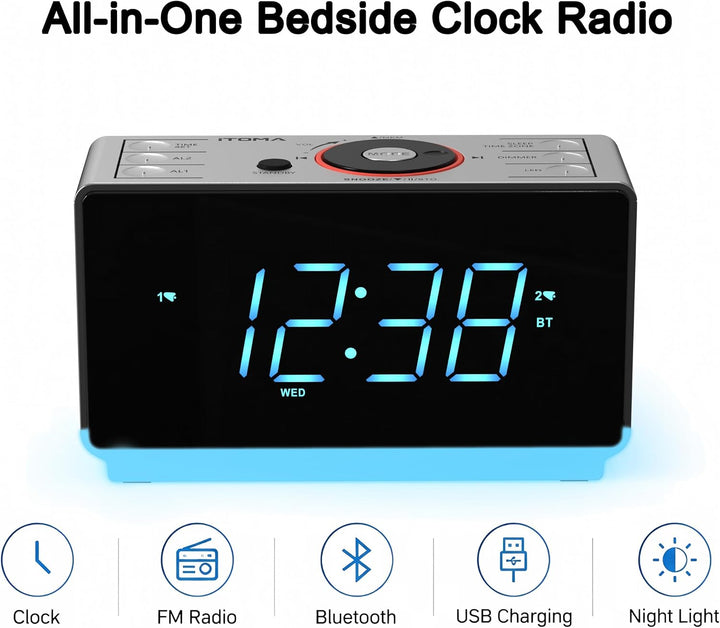 Radioweaker mit Bluetooth Lautsprecher, FM Radio, Dual Wecker mit Snooze, grosse LED Anzeige, Dimmer